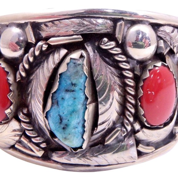 Sterling Silver Navajo Southwestern Turquoise and Coral Cuff Bracelet - Picture 5 of 6